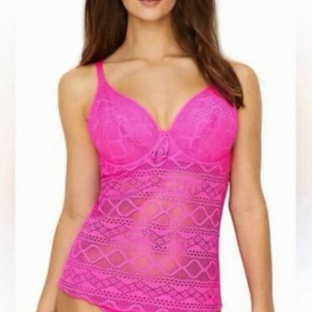 Freya Sundance Hot Pink Crochet Lace Padded Tankini Swim Top Women’s 34F